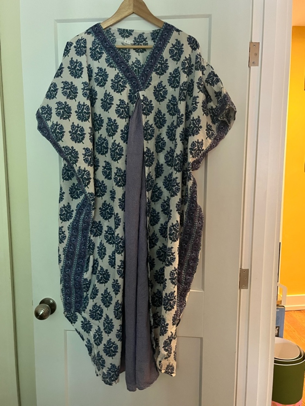 100% Cotton Hand Block Printed Indian Midi Dress/Kaftan Blue White Mauve O/S